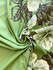 2009 3 YD Poly Cotton - Bright Green with Pale Yellow Hibiscus and Brown Leaf Border