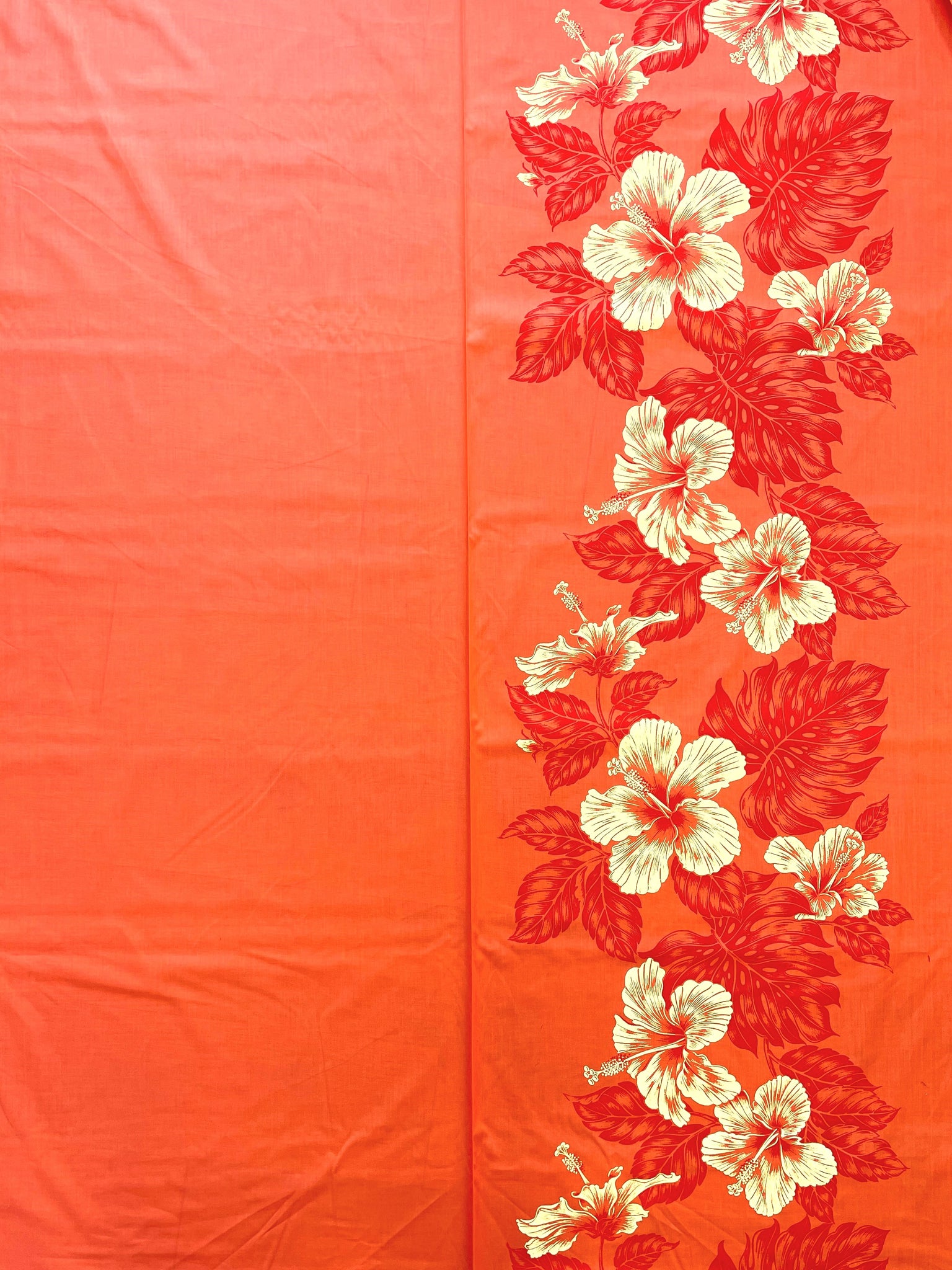 2009 Poly Cotton - Bright Orange with Yellow Hibiscus and Orange Leaf Border