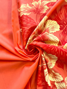 2009 Poly Cotton - Bright Orange with Yellow Hibiscus and Orange Leaf Border