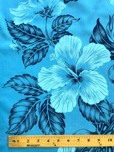 2009 Poly Cotton - Turquoise with Pale Blue Hibiscus and Navy Blue Leaf Border