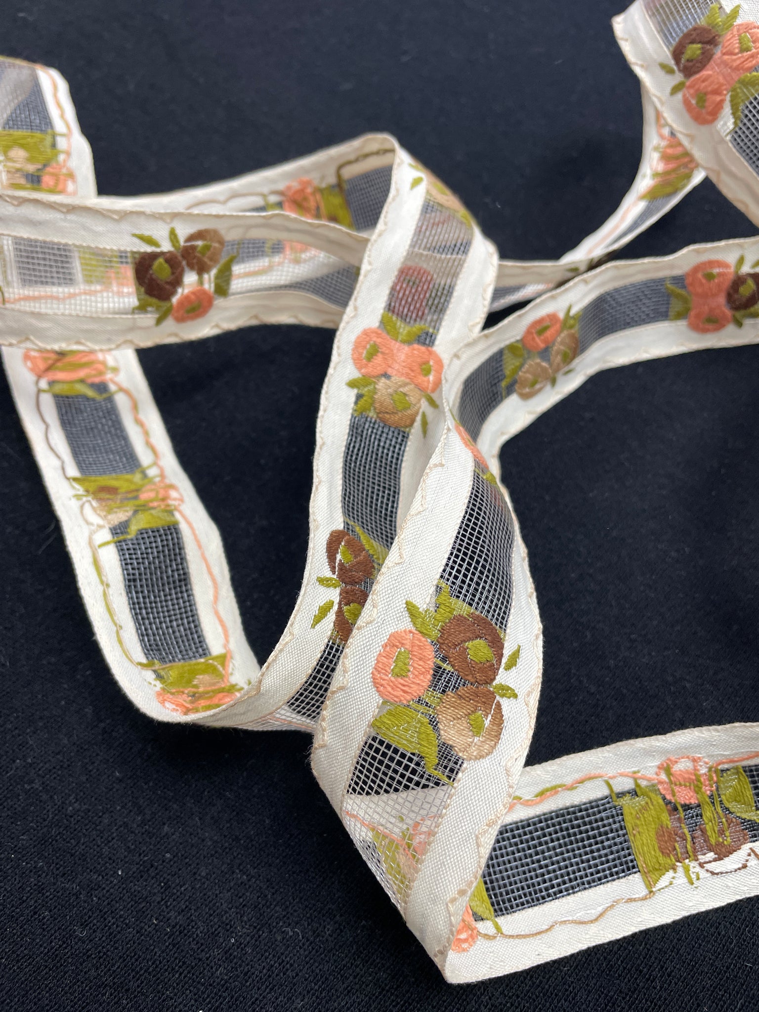 Cotton Blend Ribbon Trim-by-the-Yard Vintage -Off White with Mesh Center and Peach and Brown Flowers