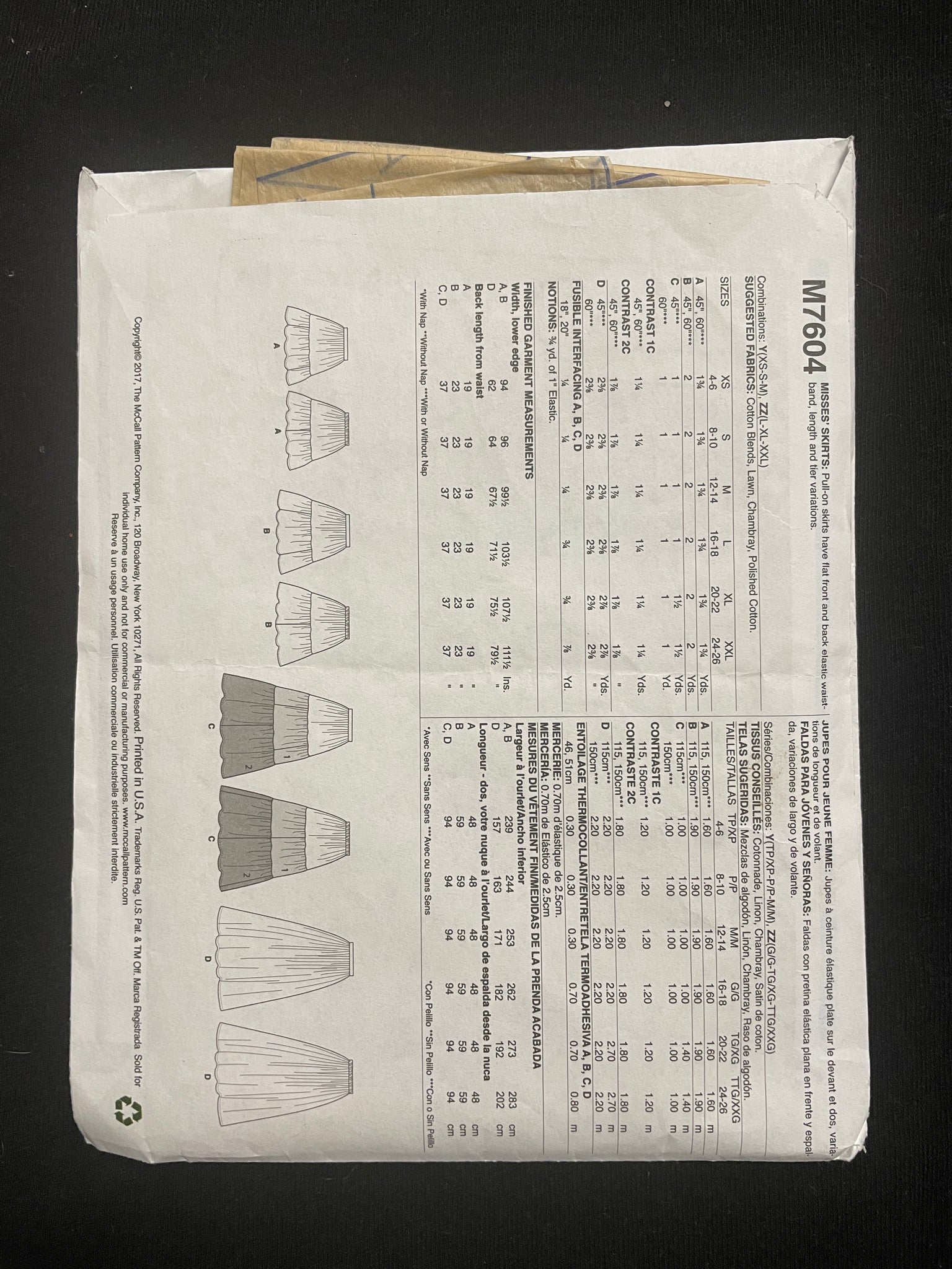 2017 McCall's 7604 Sewing Pattern - Skirt
