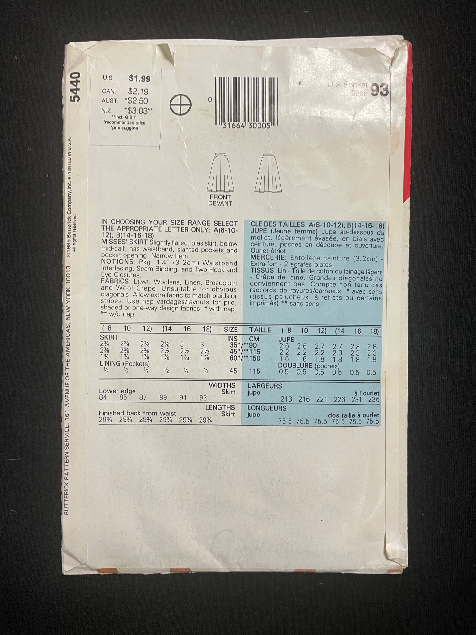 1985 See & Sew 5440 Sewing Pattern - Skirt FACTORY FOLDED