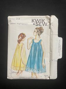 1969 Kwik Sew 214 Sewing Pattern - Nightgown FACTORY FOLDED