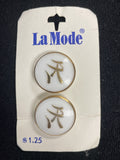 Buttons Plastic Set of 2 Vintage - White with Gold-Toned Metal Ring and Chinese Characters