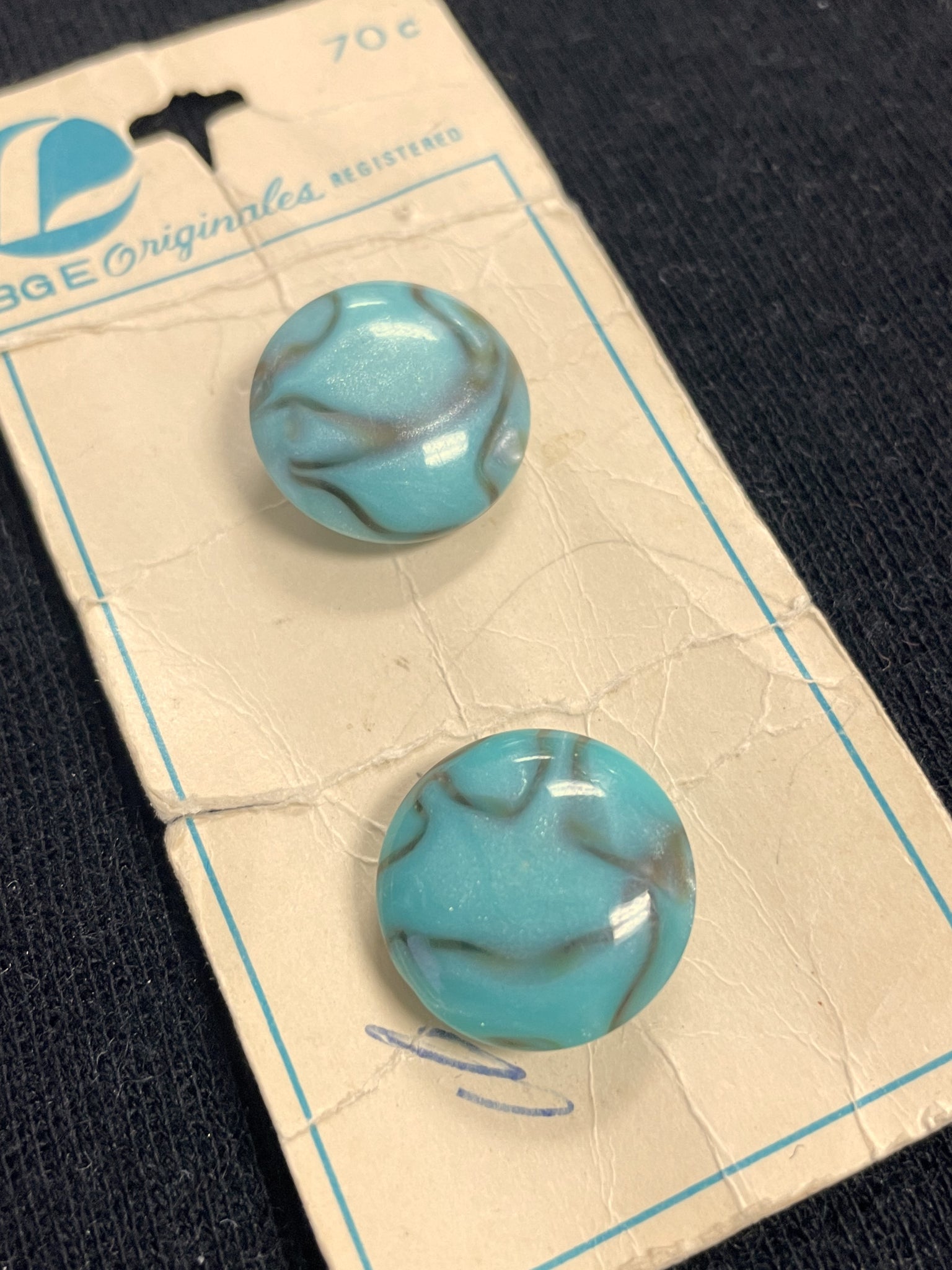 Button Plastic Set of 2 Vintage - Marbled Turquoise