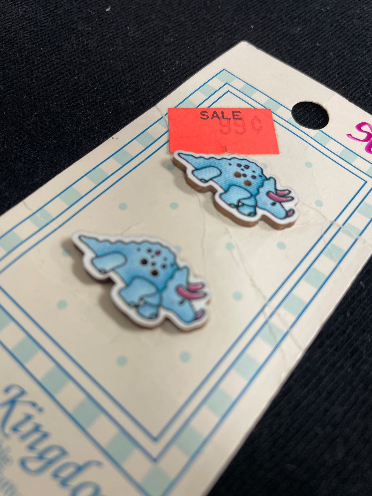 1990 Button Wood Set of 2 - Blue Dinosaur