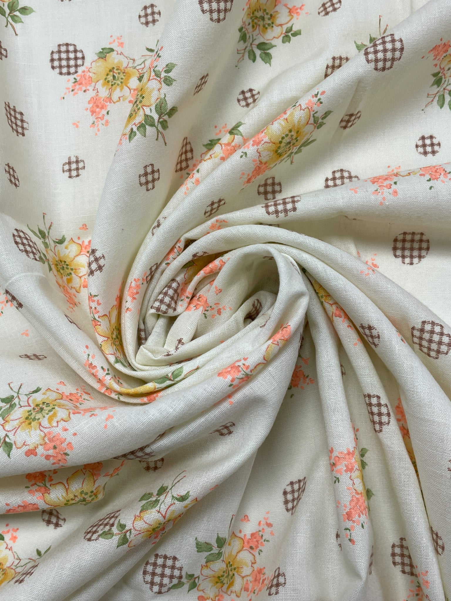 2 2/3 YD Poly/Cotton Batiste Vintage - Off White with Flowers and Gingham Polka Dots