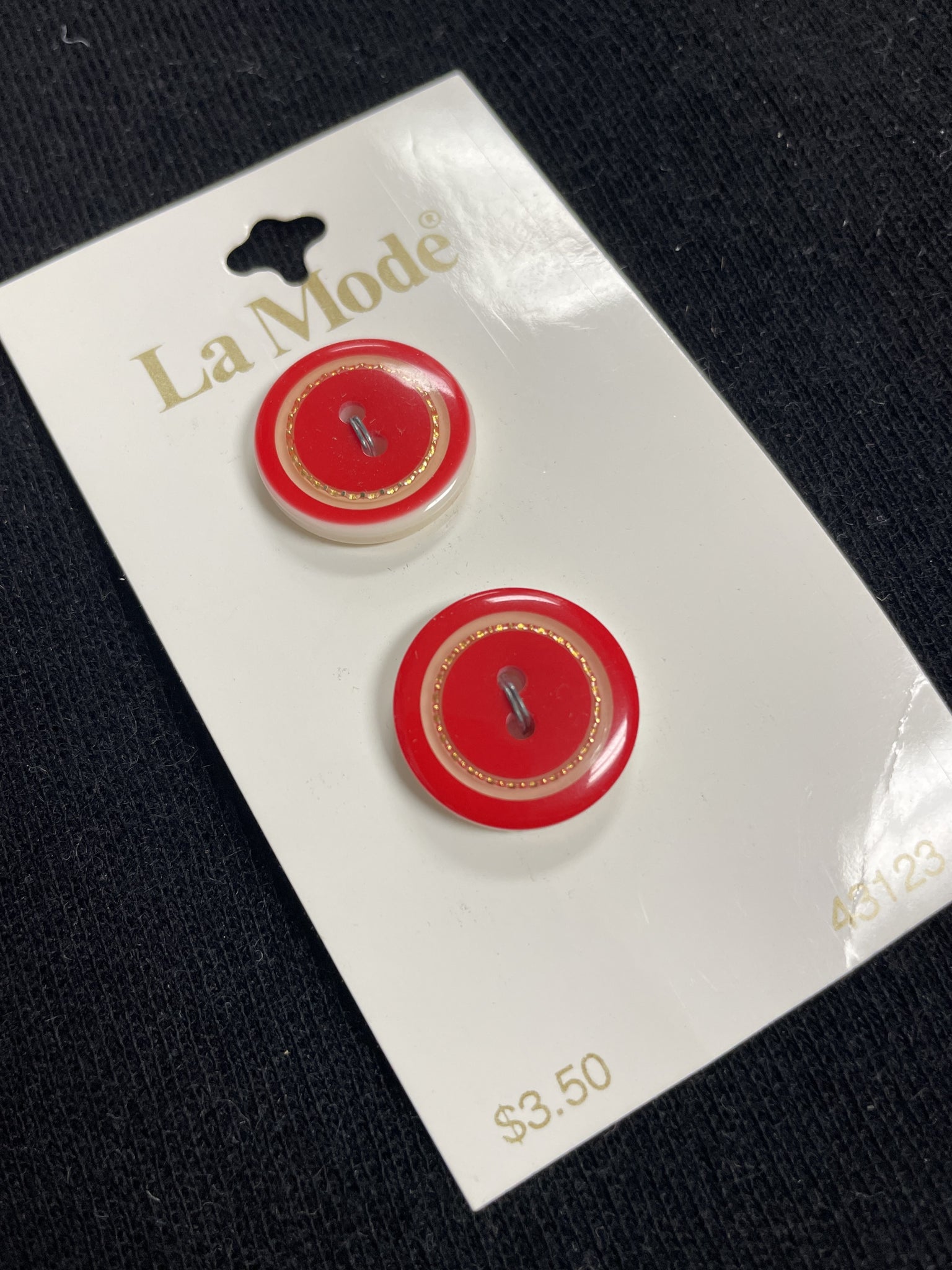 Buttons Plastic Set of 2 - Red with Clear and Metallic Gold Ring