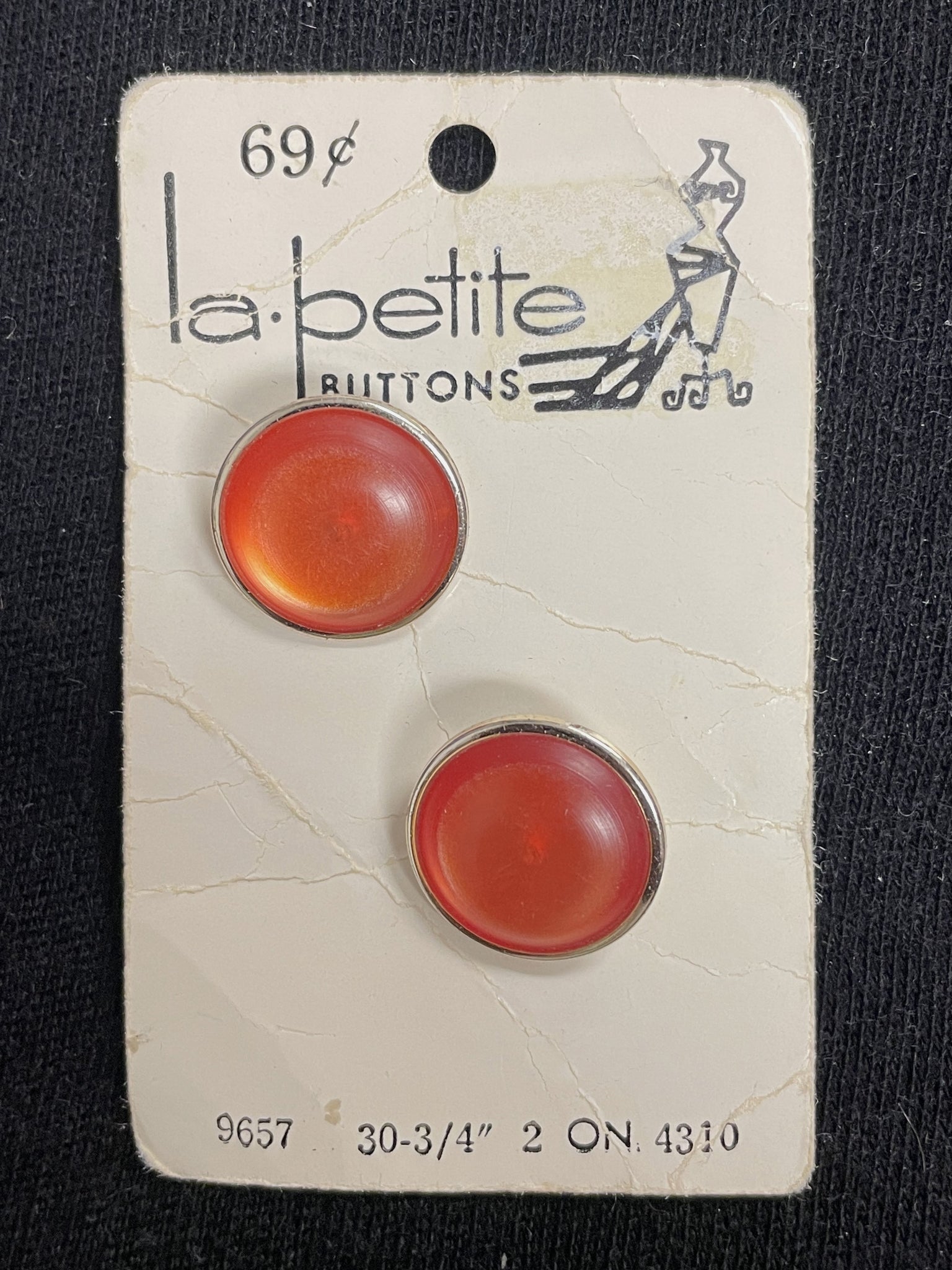 Button Plastic Set of 2 Vintage - Orange with Gold-tone Ring