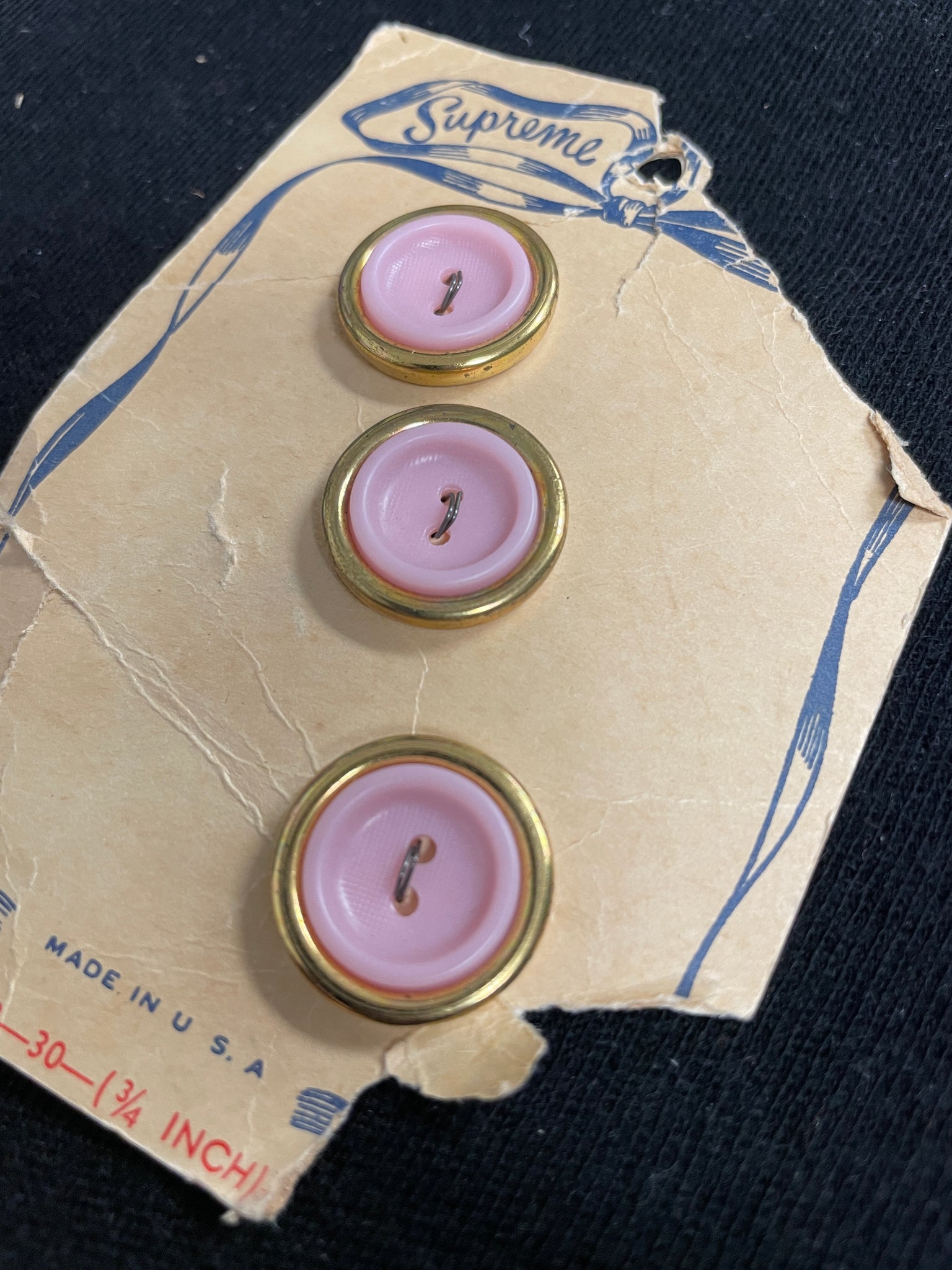 Buttons Plastic Set of 3 Vintage - Pink with Gold Metal Outer Ring