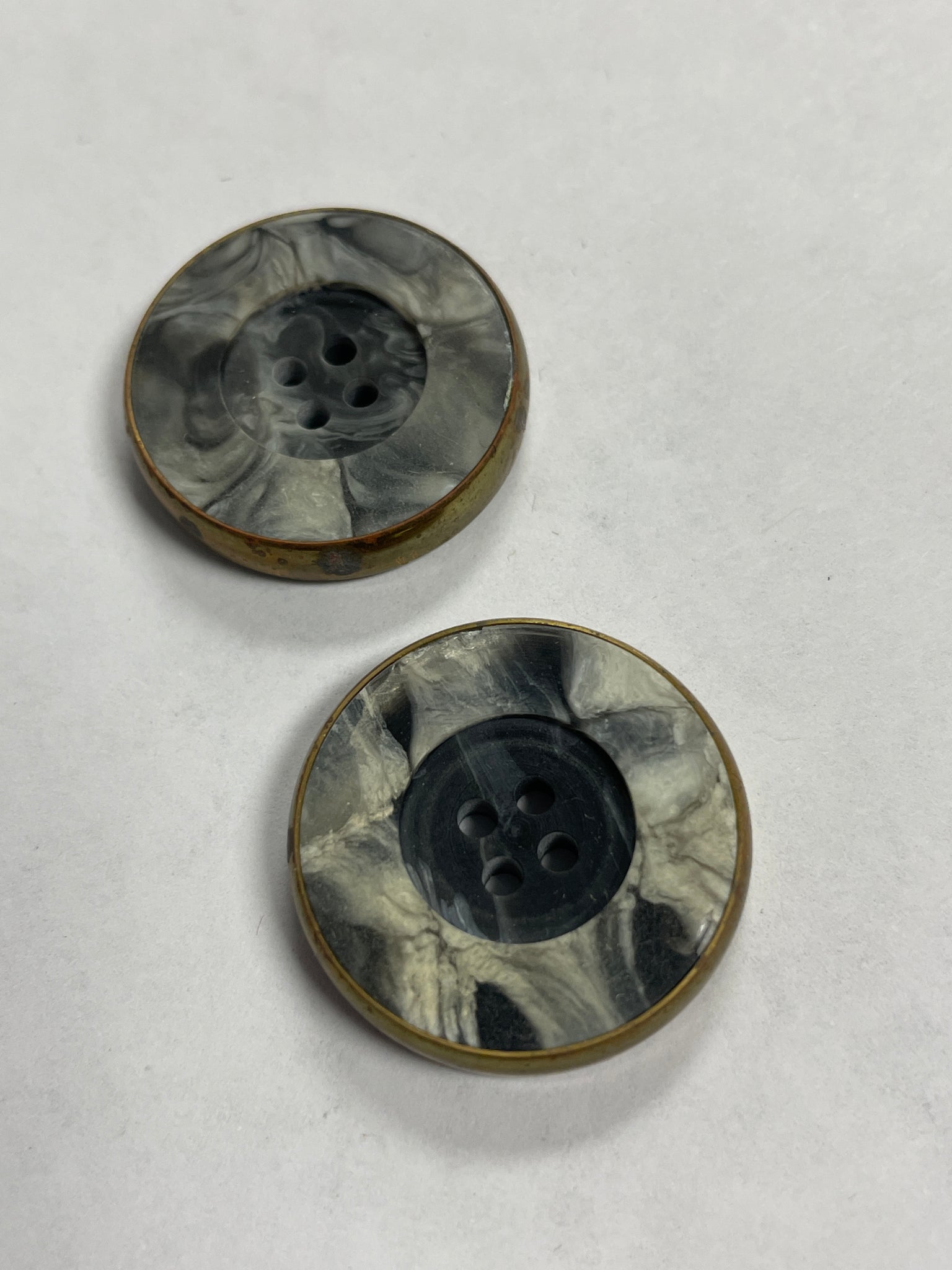 Buttons Plastic Set of 2 Vintage - Marbled Gray Set in Brass Metal