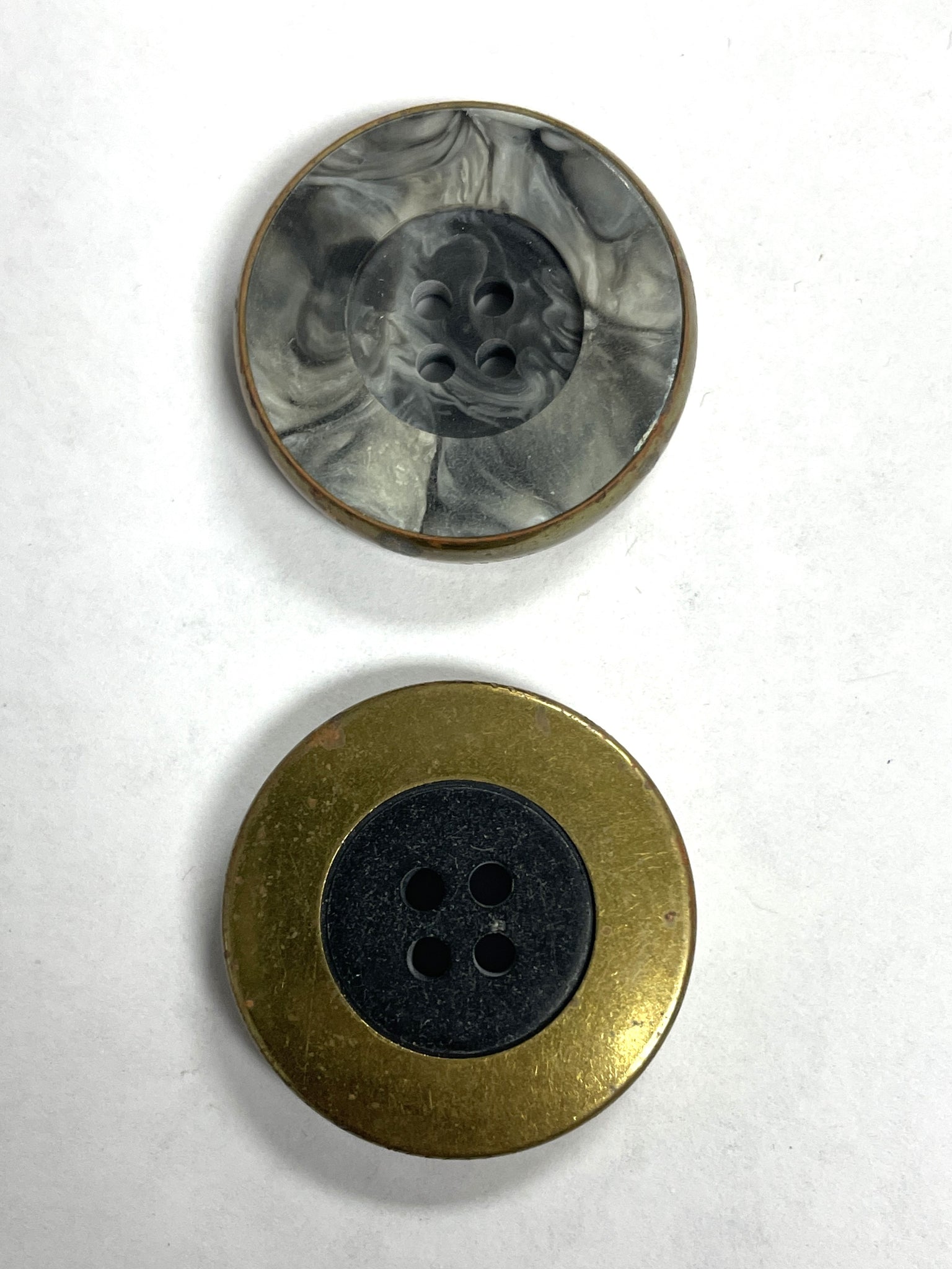 Buttons Plastic Set of 2 Vintage - Marbled Gray Set in Brass Metal