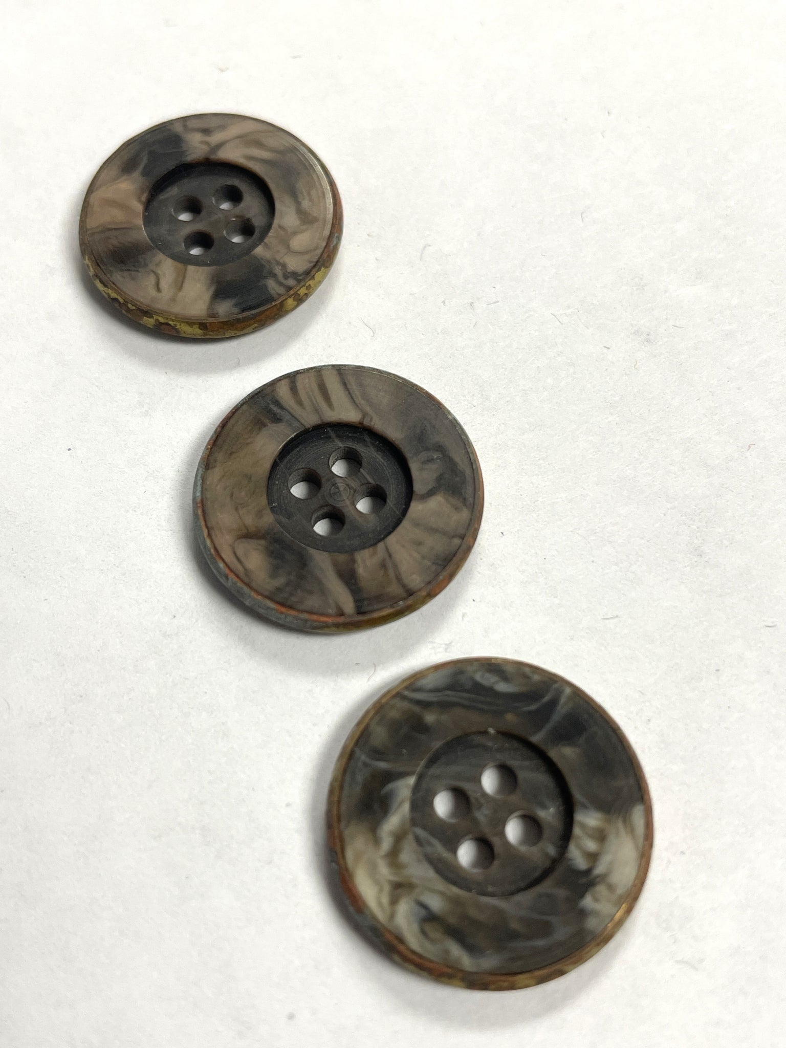 Buttons Plastic Set of 3 Vintage - Marbled Gray Set in Brass Metal