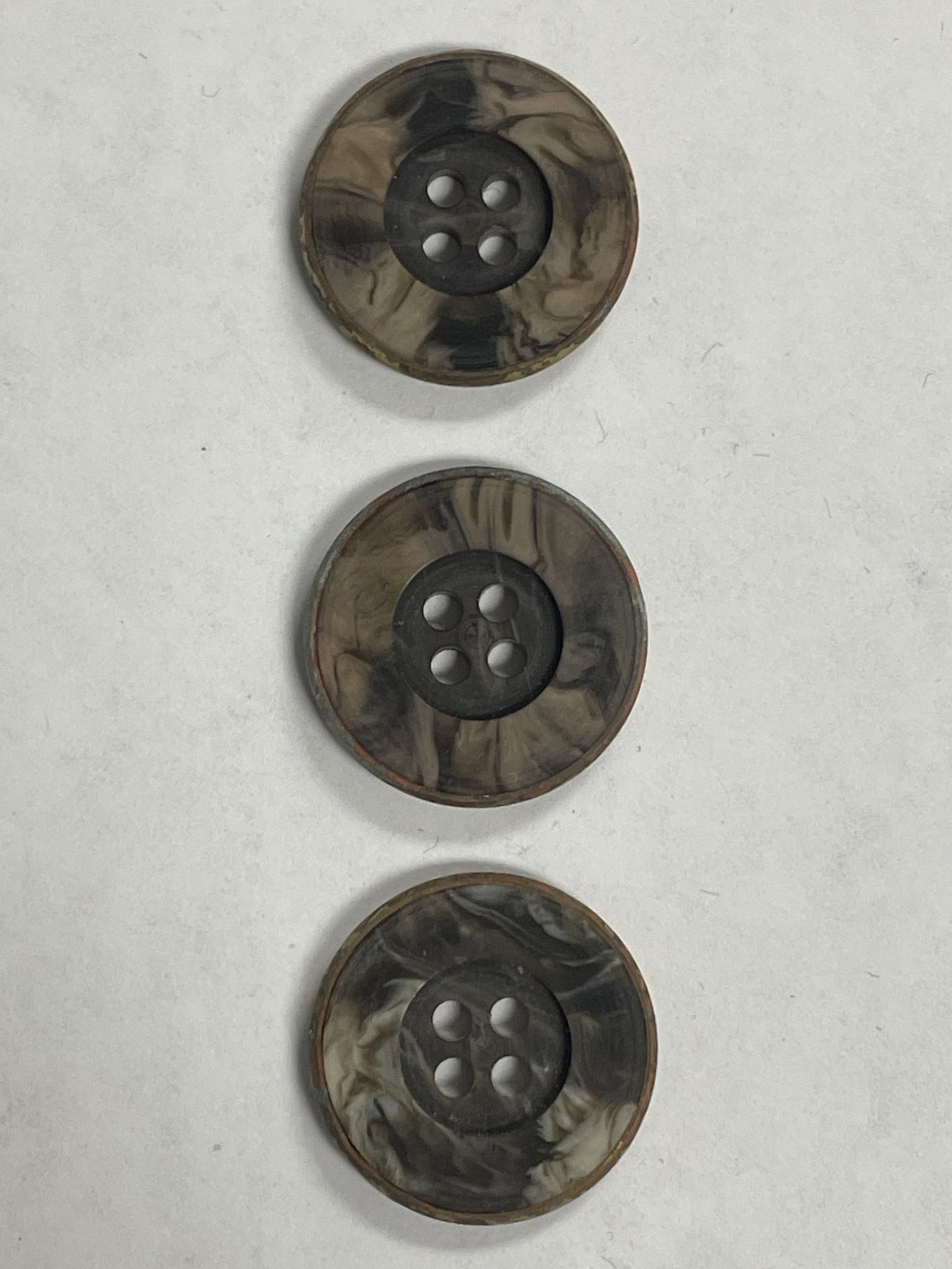 Buttons Plastic Set of 3 Vintage - Marbled Gray Set in Brass Metal