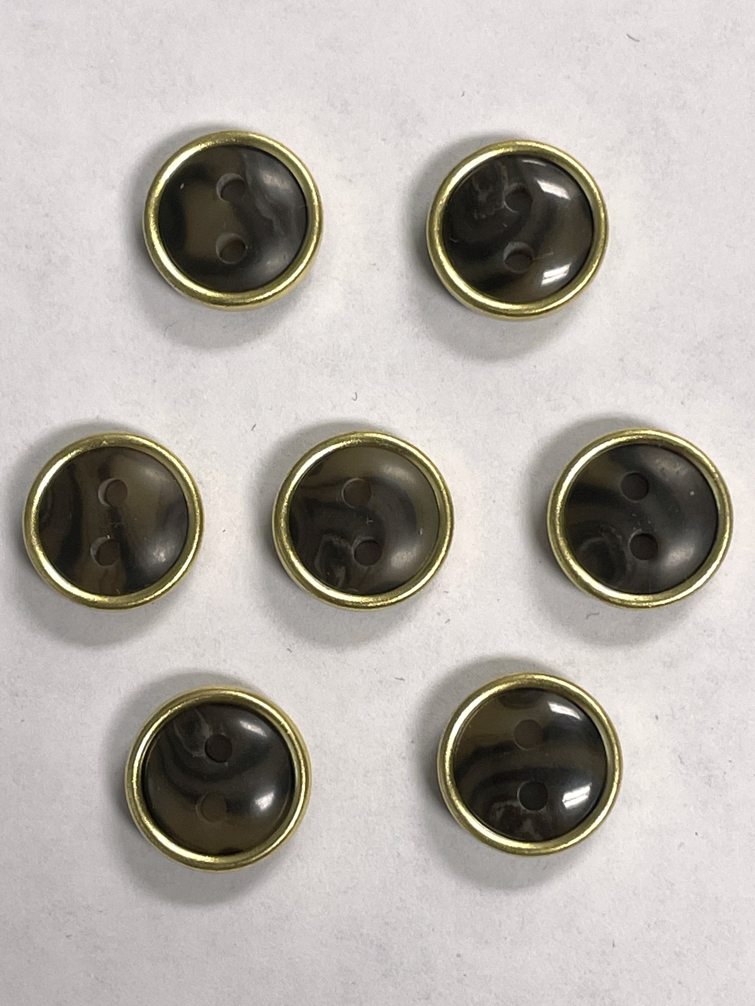 Buttons Plastic Set of 7 Vintage - Marbled Brown Set in Gold-Toned Metal