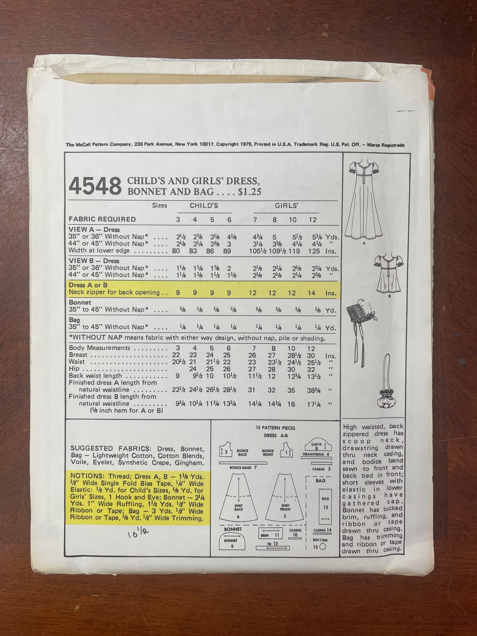 1975 McCall's 4548 Sewing Pattern - Child's Dress, Bonnet and Purse FACTORY FOLDED