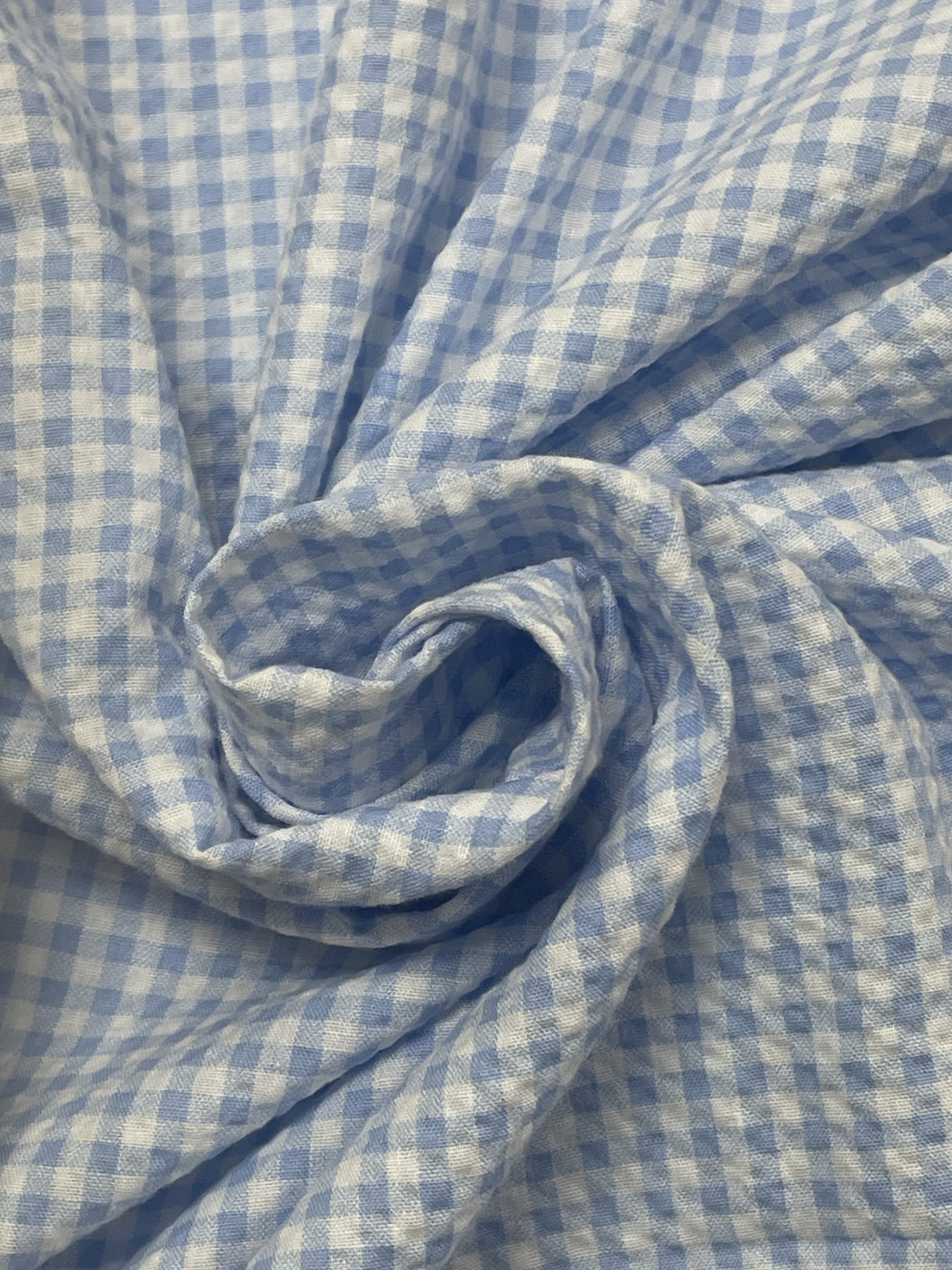 2 YD Poly/Cotton Printed Plaid Gingham Faux Seersucker - Light Blue and White