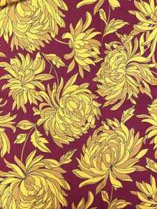 2 YD Polyester Blend Vintage - Dark Red with Large Yellow Flowers