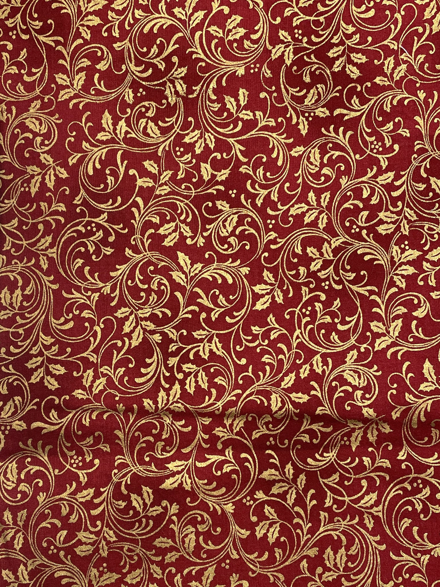 Quilting Cotton - Red with Metallic Gold Filigree and Leaves