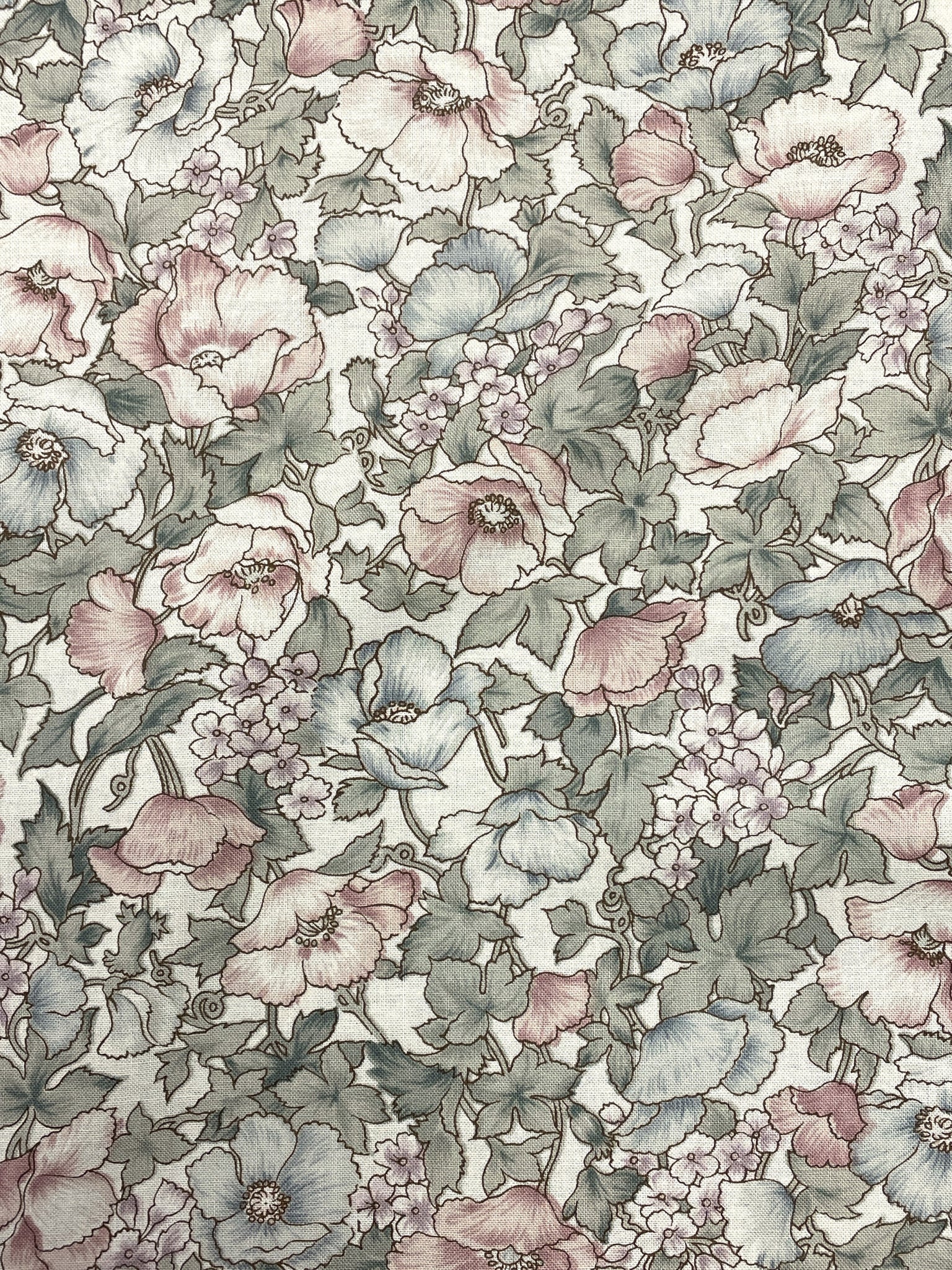 Quilting Cotton Vintage - Blue Pink, and Sepia Flowers on