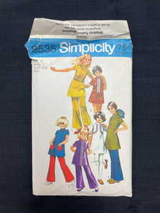 1971 Simplicity 9535 Pattern - Child's Mini-Dress and Bell-Bottom Pants