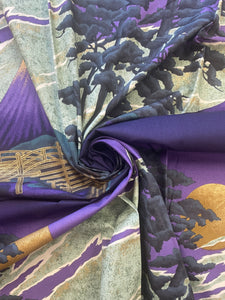 Quilting Cotton - Bridge and Trees in Purple Sunset with Metallic Gold Accents