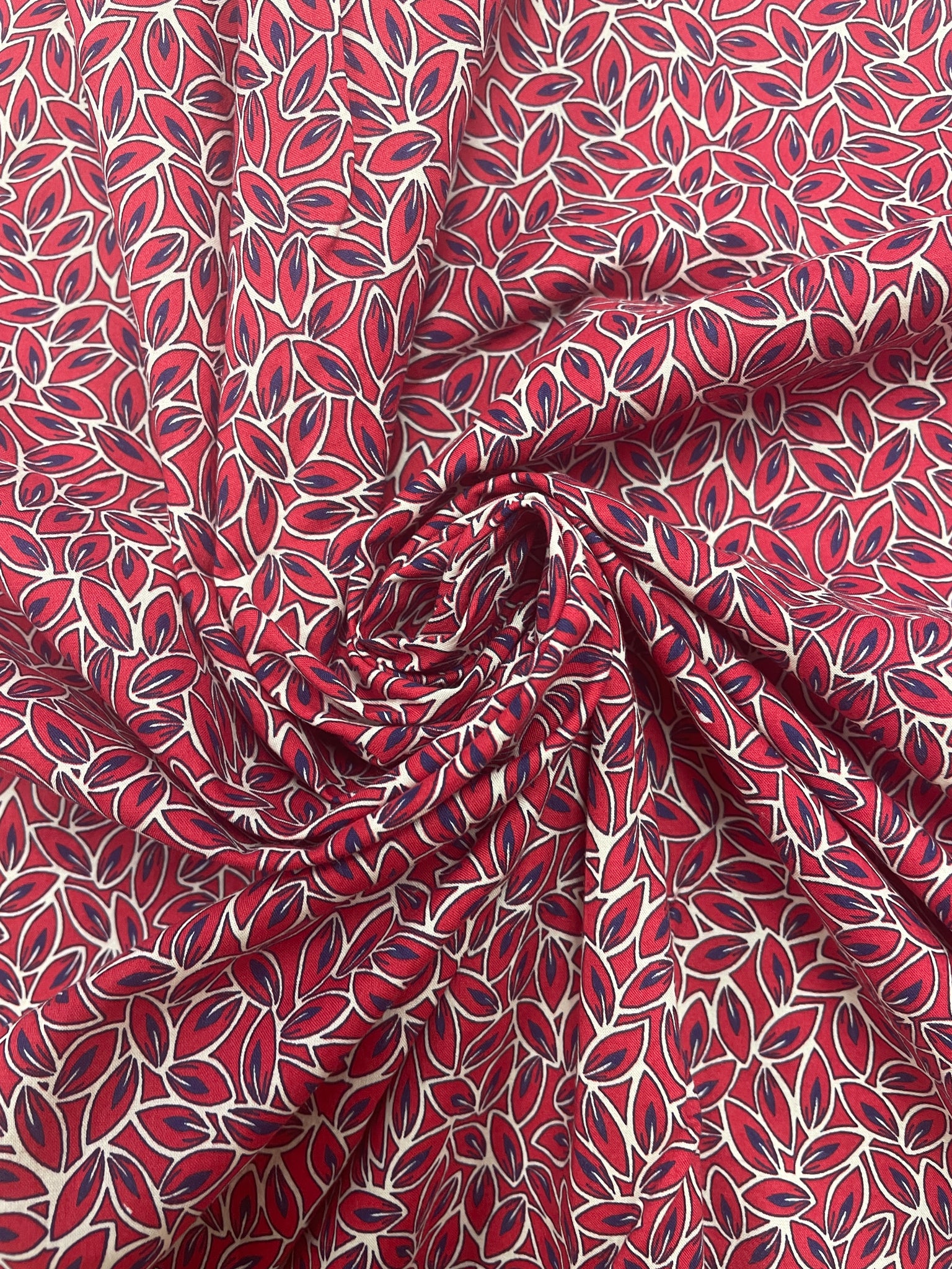 1 5/8 Cotton Shirting - Red and Blue Leaves on Off White