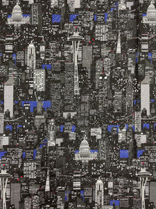 1 YD Quilting Cotton - City Skyline at Night with Silver Glitter