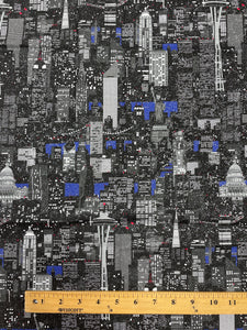 1 YD Quilting Cotton - City Skyline at Night with Silver Glitter