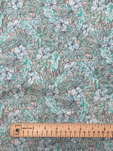 Cotton/Rayon Vintage - Tropical Flowers in Light Blue and Peach