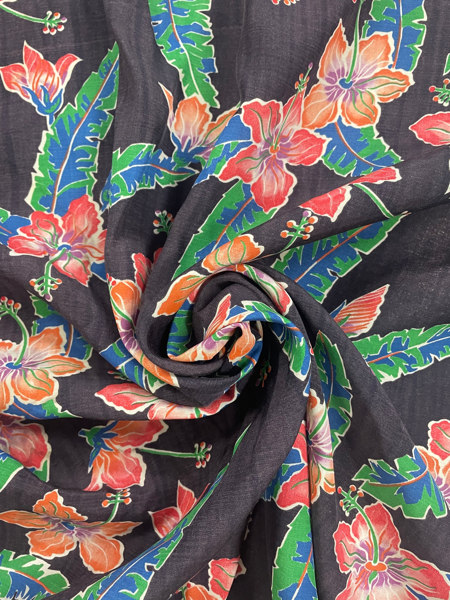 Rayon Vintage - Red and Orange Hibiscus on "Faded" Black Background