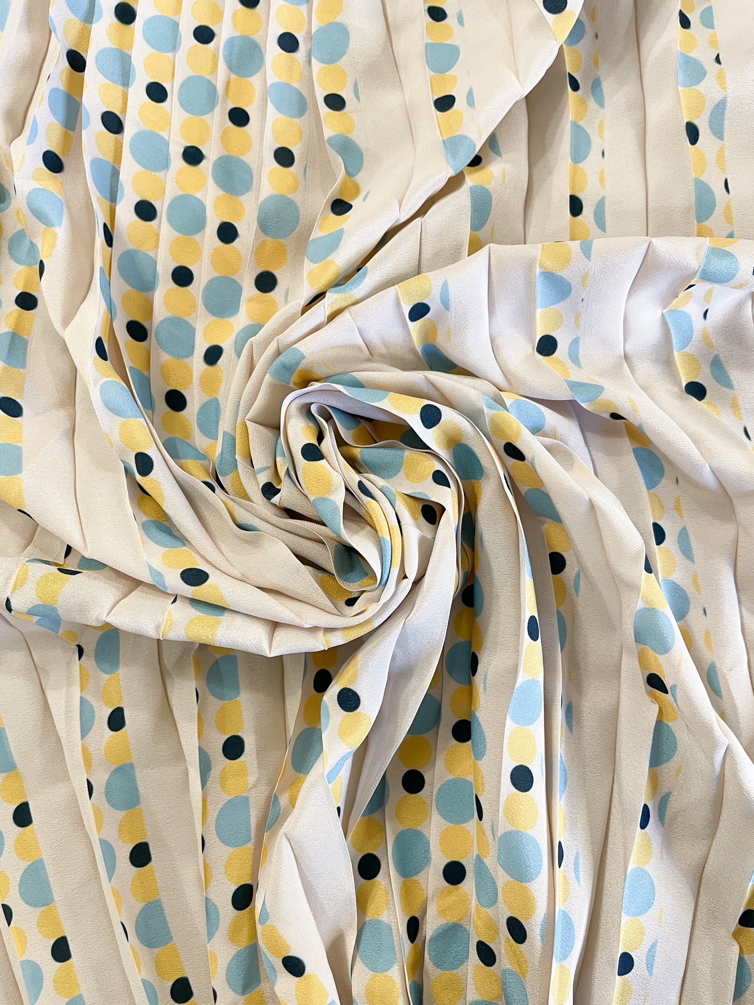 SALE 1 3/4 YD Polyester Pleated Print - Ecru with Light Blue, Navy Blue and Yellow Polka Dots