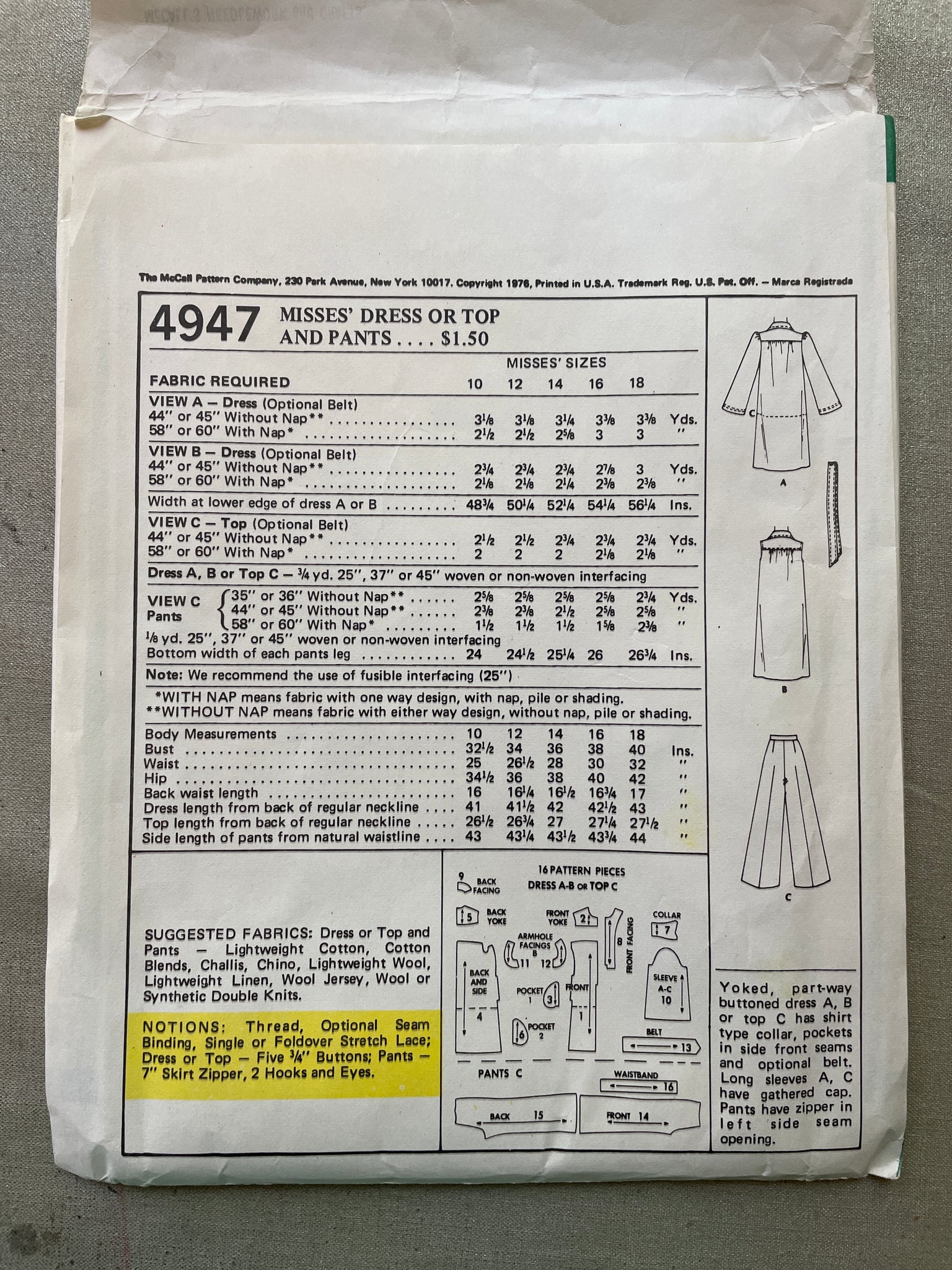 SALE 1976 McCall's 4947 Pattern - Dress or Top and Pants