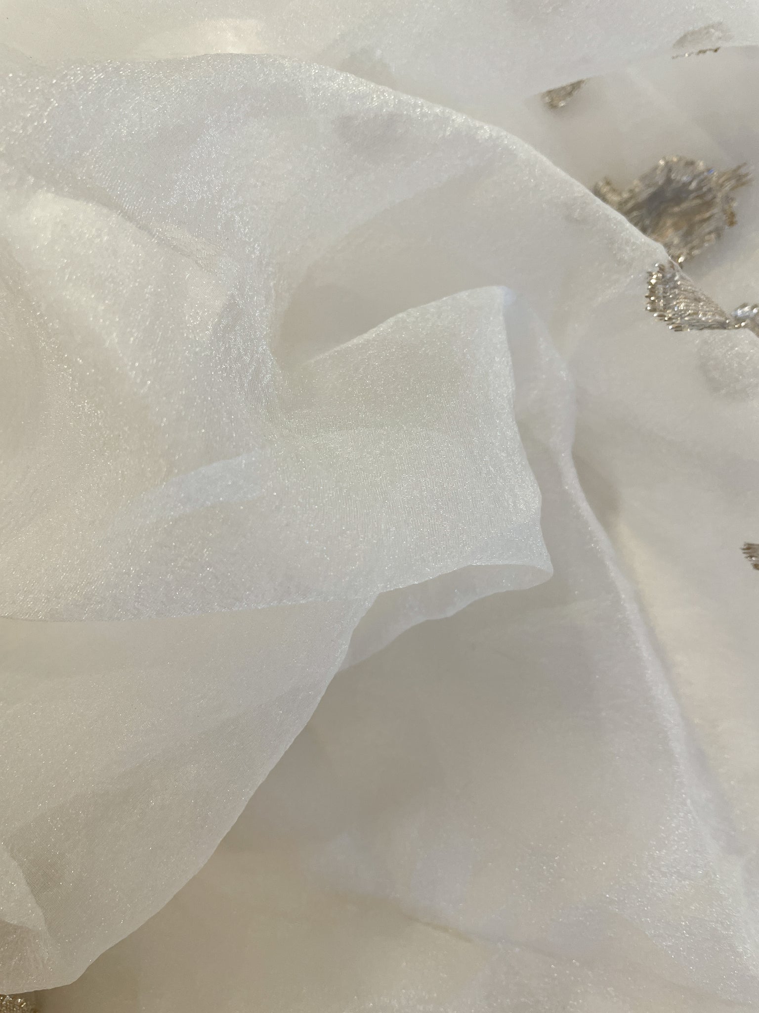 SALE 1 7/8 YD Polyester Crystal Organza Remnant - White with Silver Lurex Spots and Selvage