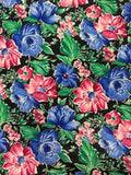 SALE Polyester Vintage - Pink and Blue Flowers on Black