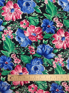 SALE Polyester Vintage - Pink and Blue Flowers on Black