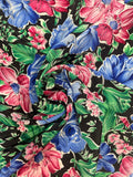 SALE Polyester Vintage - Pink and Blue Flowers on Black