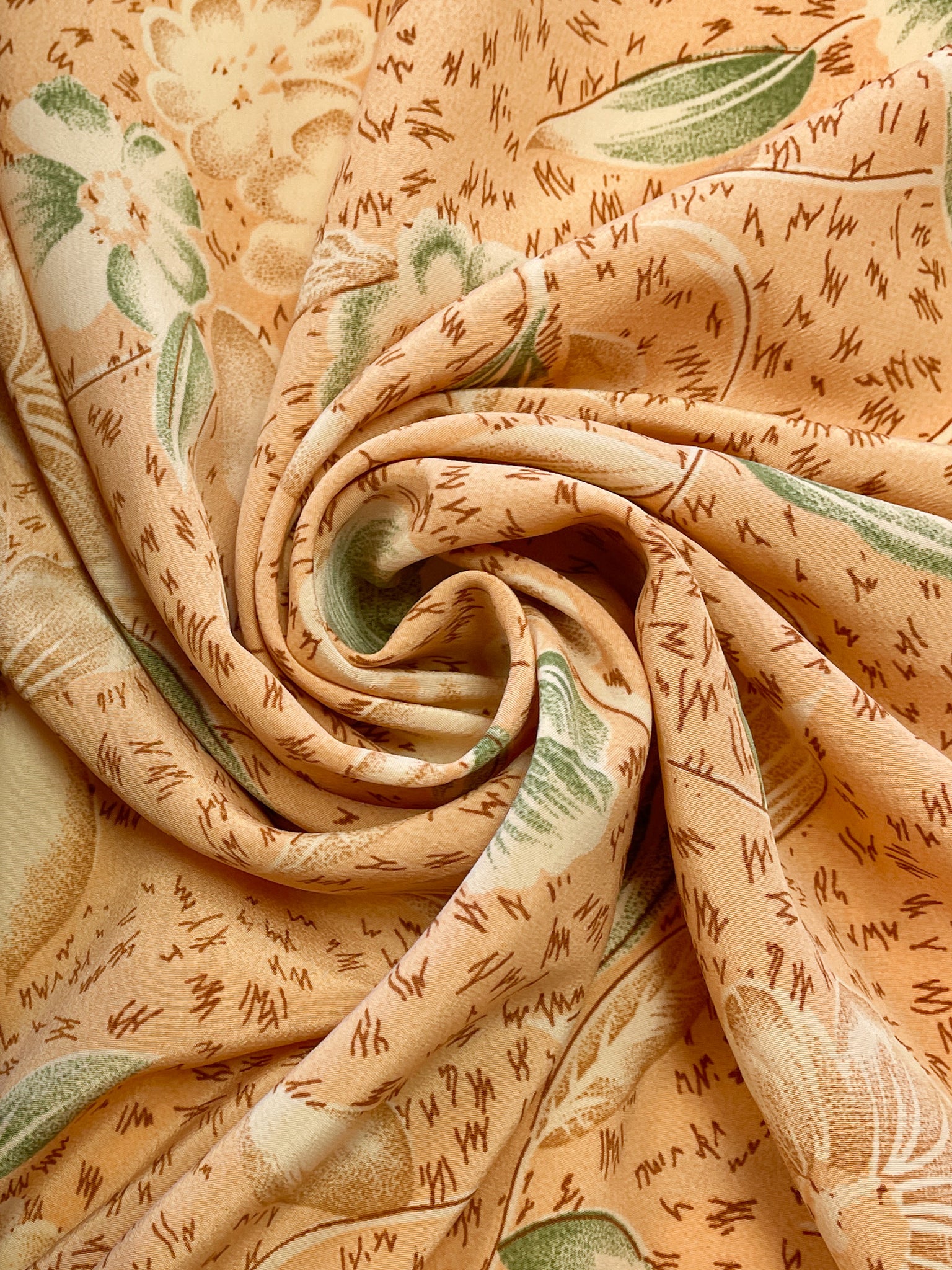 SALE Polyester - Dusty Peach with Tan, Off White and Green Flowers