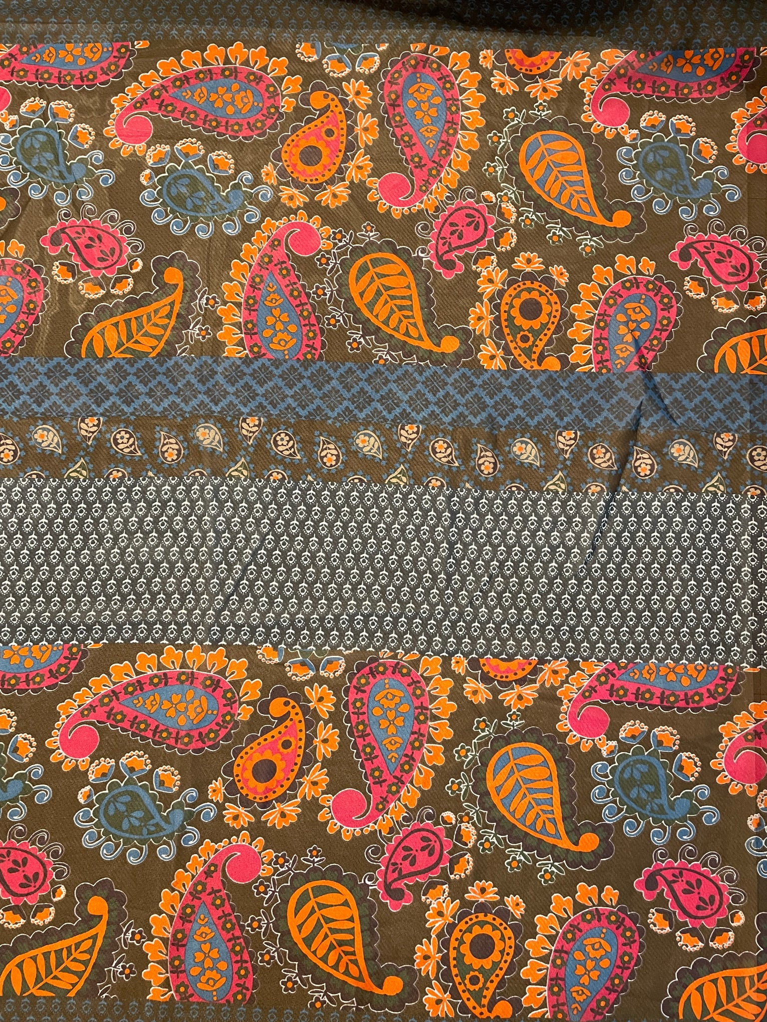 SALE 4 YD Polyester Chiffon Paisley & Floral Print - Black with Burgundy, Orange and Blue